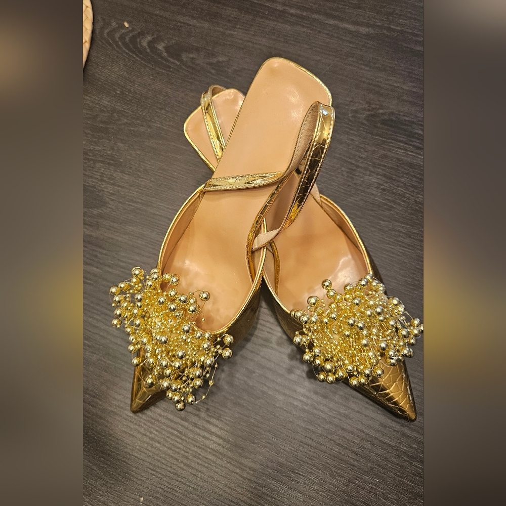 Gold Beaded Pointed Slingback Heels - Picture 2 of 7